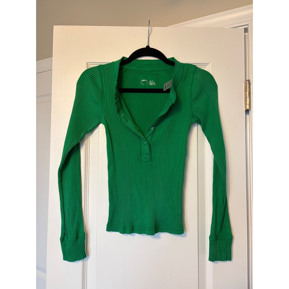 Aerie Womens Ribbed Henley Long Sleeve Top Green XXS 2755-283 NEW